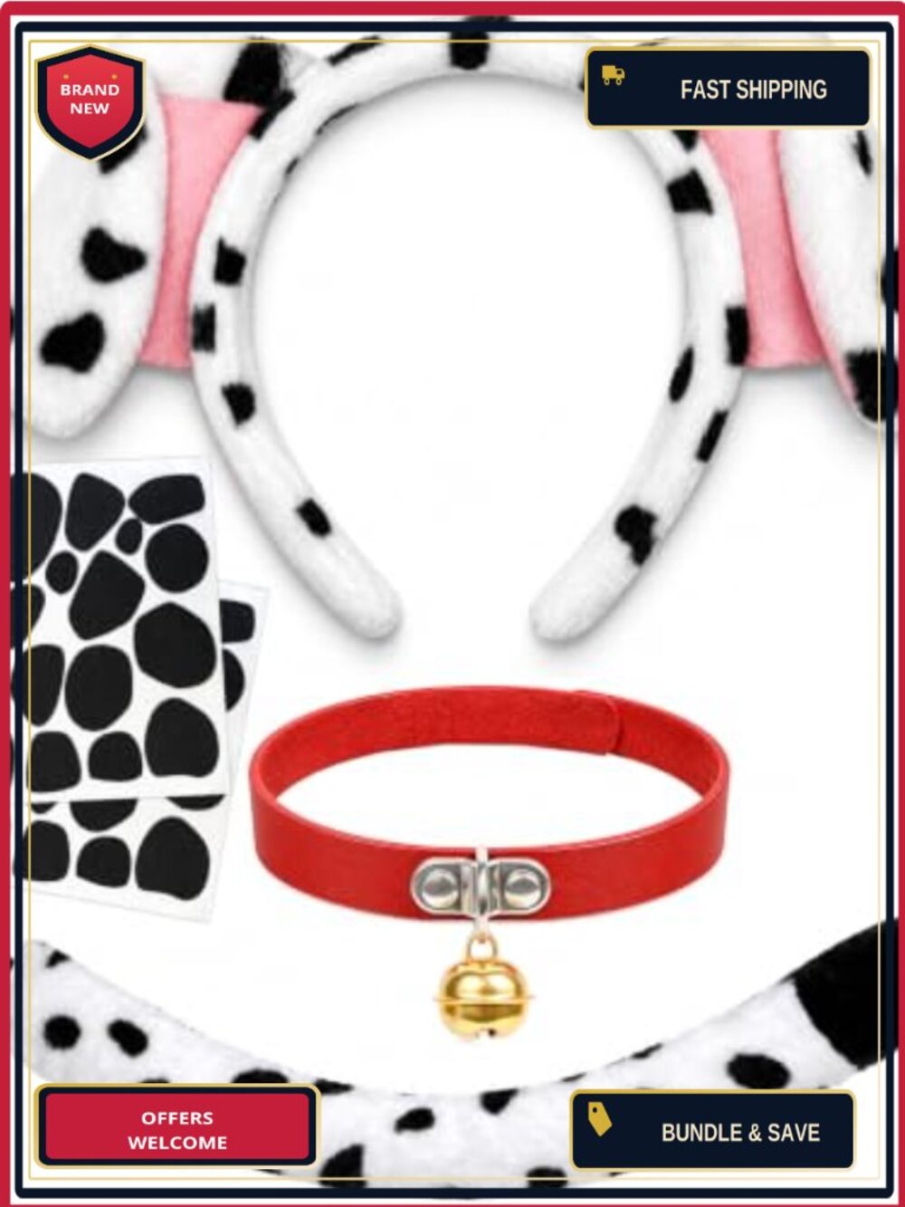 Dalmatian Costume Set Ears Headband Tail Collar Felt Stickers Halloween Cosplay
